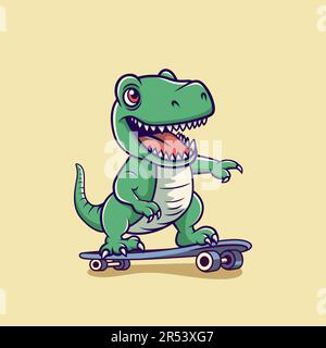 Vector Happy und lächelnder Dinosaurier. Cartoon Grüner Dinosaurier Tyrannosaurus Rex, Tyrex mit Umriss auf Skateboard, Designvorlage, Skater Dinosaurier. Komisch Stock Vektor