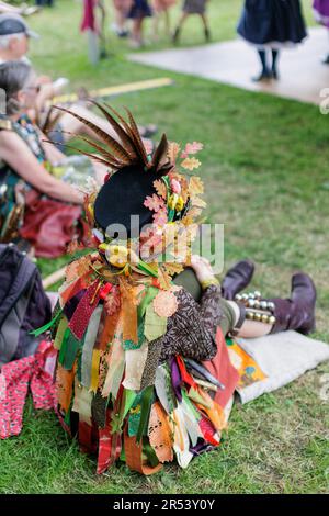 Folkloremusik, Clogdance, Morris-Tänzer - farbenfrohe Szenen vom Chippenham Folk Festival an einem sonnigen Tag im Island Park und der Borough Parade in Wiltshire Stockfoto