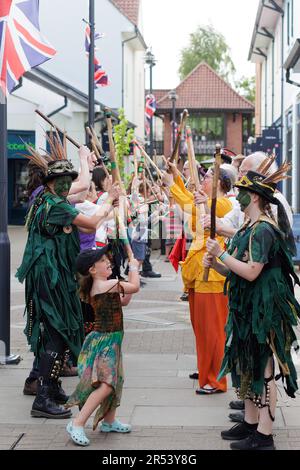 Folkloremusik, Clogdance, Morris-Tänzer - farbenfrohe Szenen vom Chippenham Folk Festival an einem sonnigen Tag im Island Park und der Borough Parade in Wiltshire Stockfoto