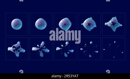 Seifenblasen-Explosionseffekt, animierte Spritenfolie, transparente Blasenexplosion. Vektorspiel-Animation Storyboard der Cartoon-Wassersphärenexplosion mit Stock Vektor
