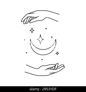 Weibliche Hände mit Mond und Stern, mystisches Tattoo, dünnes Symbol. Vector-Logo mit Handgesten, Kristall und Spa, Schönheitspflege Stock Vektor