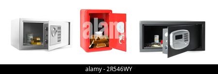 Offene Stahlsafes mit Gold und Banknoten auf weißem Hintergrund Stockfoto