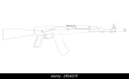 Kalaschnikov-Sturmgewehrkontur aus schwarzen Linien isoliert auf weißem Hintergrund. Vektordarstellung Stock Vektor