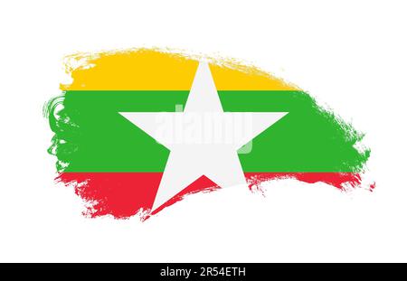 Nationalflagge Myanmars, mit Strichpinsel auf isoliertem Weiß gemalt Stockfoto