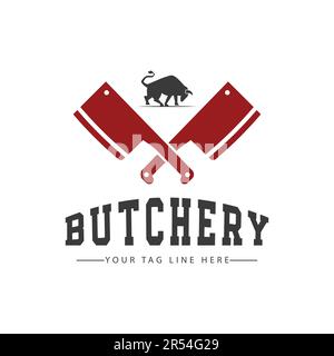 Fleischerei Logo Design Rindfleisch Red Meat Logo Bull Eat Stock Vektor