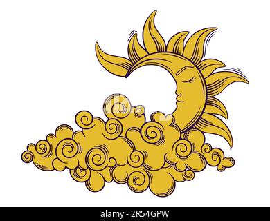 Tarot boho Sun hinter Wolken. Tarotsonne mit Gesicht und geschlossenen Augen. Vektordarstellung auf weißem Hintergrund isoliert Stock Vektor