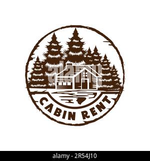 Vintage Retro Circular Pine Trees Forest mit Miete Cabin Chalet Logo Design Vector Stock Vektor