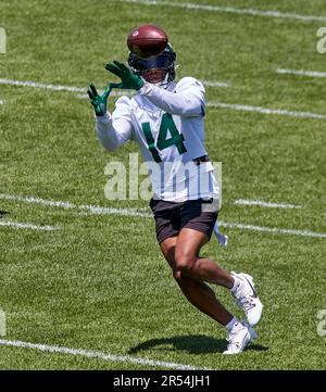 31. Mai 2023, Florham Park, New Jersey, USA: Deontae Spencer (14) während organisierter Teamaktivitäten im Atlantic Health Jets Training Center, Florham Park, New Jersey. Duncan Williams/CSM Stockfoto