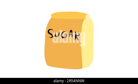 Paket mit Zucker auf weißem Hintergrund, Vektordarstellung. Papiertüte gefüllt mit Gewürzen. Zucker zum Backen. Großer brauner Beutel, voller Beutel mit Zucker. Stock Vektor
