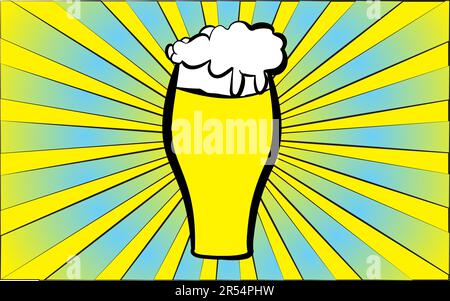 Ein Glas köstliches schäumendes leichtes Bier auf dem Hintergrund abstrakter gelber Strahlen. Vektordarstellung. Stock Vektor