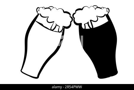 Zwei Biergläser mit dunklen und hellen leckeren Craft-Bier-Klappergläsern auf weißem Hintergrund. Vektordarstellung. Stock Vektor