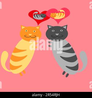 Graue Katze und rote Katze, die sich in der Nähe umarmen und auf pinkfarbenem Hintergrund an einander denken. Vektordarstellung. Stock Vektor