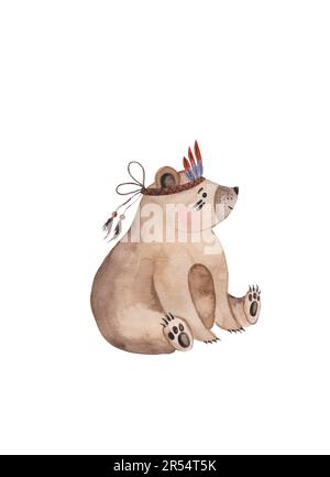 Aquarelle Illustration Teddybär, Bärenjunge, Indianer, Bo, für Kinder auf transparentem Hintergrund. Süßer Teddybär für Aufkleber und Wandaufkleber Stockfoto