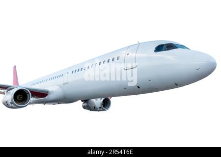 Nahaufnahme Passagierjet-Flug isoliert auf weißem Hintergrund Stockfoto