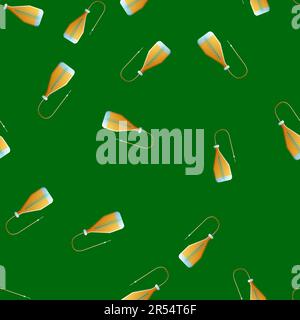 Endloses nahtloses Muster von medizinisch-wissenschaftlichen medizinischen Artikeln und Tropfern mit einer Nadel auf grünem Hintergrund. Vektordarstellung. Stock Vektor