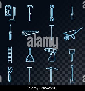 Ein großer Satz abstrakter Neon-leuchtender blauer Symbole für Bau, Sanitär, Garten, Reparatur, Werkzeuge: Schaufel, Säge, Hammer, Bürste, Mopp, Rechen, Trolley, spucken Stock Vektor