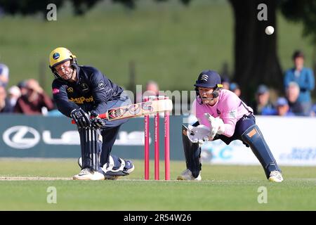 Colin Ingram gelingt 4 Runs für Glamorgan während Middlesex vs Glamorgan, Vitality Blast T20 Cricket in der Merchant Taylors School am 31. Mai 2023 Stockfoto