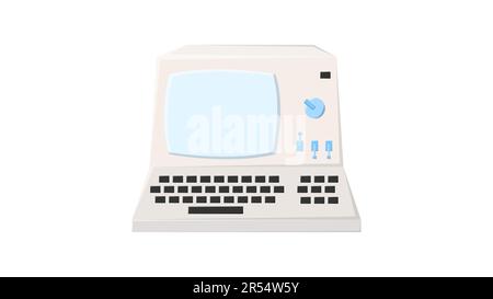 Alter Retro-Isometrie-Computer, pc mit Monitor und Tastatur von 70s, 80s, 90s. Wunderschönes weißes Symbol. Vektordarstellung. Stock Vektor