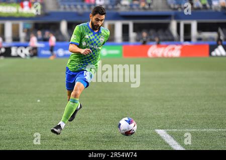 Seattle, WA, USA. 31. Mai 2023. Seattle Sounders Mittelfeldspieler Alex Roldan (16) während des MLS-Fußballspiels zwischen San Jose Earthquake und dem Seattle Sounders FC im Lumen Field in Seattle, WA. Steve Faber/CSM/Alamy Live News Stockfoto