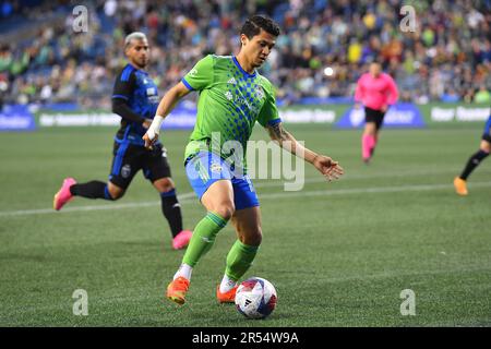 Seattle, WA, USA. 31. Mai 2023. Seattle Sounders Forward Fredy Montero (12) während des MLS-Fußballspiels zwischen San Jose Earthquake und dem Seattle Sounders FC im Lumen Field in Seattle, WA. Steve Faber/CSM/Alamy Live News Stockfoto