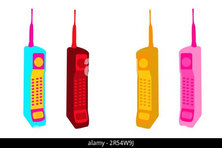 Altes schwarz-weißes, großflächiges, quadratisches Retro-Hipster-Handy mit langen, von der Antenne bemalten Strichen. Stock Vektor