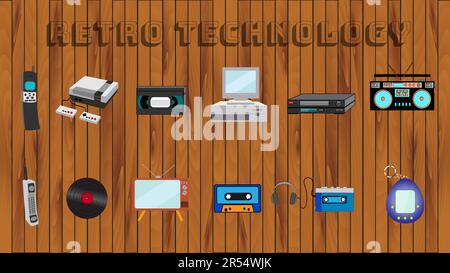 Set aus alten Retro-Ikonen aus den 70s, 80s, 90s Musik-Audiokassetten Videorekorder TV Computer Vinyl Handy Spielekonsole auf dem Ba Stock Vektor