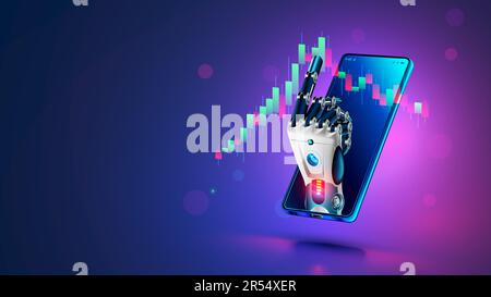 Roboterhändler. KI für den Automatisierungshandel an der Börse. Der Handroboter zeigt auf den Kerzenständer auf dem Bildschirmtelefon. Händler künstlicher Intelligenz. Artifi Stock Vektor