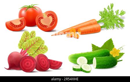 Set aus frischem, reifem Gemüse aus Tomaten, Karotten, Gurken und Rüben. Realistische 3D-Vektordarstellung auf weißem Hintergrund isoliert. Kann als Packa verwendet werden Stock Vektor