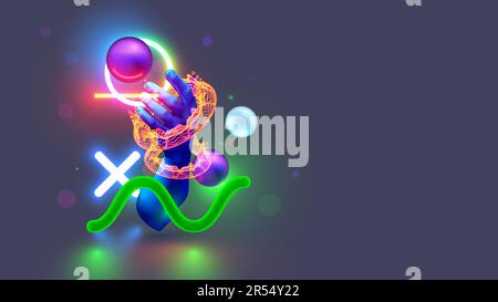 Technologischer Hintergrund mit abstrakten digitalen geometrischen Figuren in Neonlichtern. Hintergrund des Konzepts der technischen Zukunft. Handuser in VR 3D Cyber Space interagiert Stock Vektor