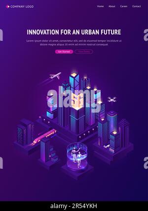 Innovation für die isometrische Landing-Page „Urban Future“. Intelligente Stadtinsel mit Zug- und Flugzeugtransport, 5G-Technologie und AI-Robotern. Futuristisches Neonlicht smartcity Buildings 3D-Vektor-Webbanner Stock Vektor