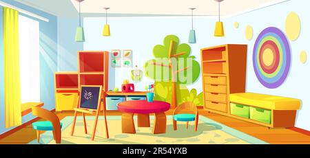 Kinder Spielzimmer innen, leer innen Kindergarten Raum Spielplatz mit montessori Spielzeug, Holzmöbel, Regale und Geräte für Spiele und Lernen, Tafel und Schreibtisch. Cartoon Vektorgrafik Stock Vektor