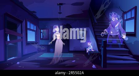 Verlassenes Haus mit Geistern, die in der Dunkelheit wandern. Gruseliger Korridor mit Türen, Treppen und Fenstern. Altes Interieur mit Mondlicht, das auf den Boden fällt, gruselige halloween-Szene. Cartoon-Vektordarstellung Stock Vektor
