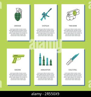 Flugdatenvorlagen für militärische Waffen und Munition. Waffen und Sprengstoff. Vektordarstellung. Stock Vektor