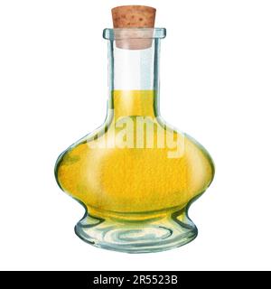 Handgezeichnete Aquarelldarstellung. Glasflasche mit Öl- und Korkstopfen. Ayurveda-Behandlung, vegetarische Speisen oder Kosmetiköl. Stockfoto