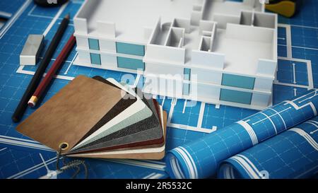 Home Decorating Tools stehen auf Haus bluprints. 3D-Darstellung. Stockfoto