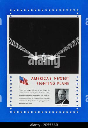 Amerikanische Propaganda aus dem Zweiten Weltkrieg (USA Government Printing Office, 1941) Informationsposter - "Amerikas neuestes Kampfflugzeug" Präsident Roosevelt vor dem Kongress Stockfoto