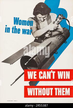 Amerikanische Propaganda aus dem Zweiten Weltkrieg (USA Government Printing Office, 1942). Propagandaposter „Women in the war, We Can't Win Without them“ Stockfoto