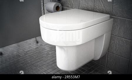 Moderne wc in Toilette mit grauen Steinen bedeckt. 3D-Darstellung. Stockfoto