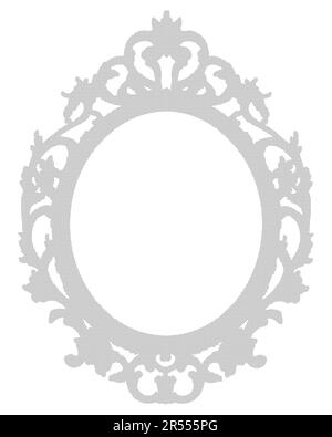 Gepunktete schwarze Silhouette eines alten barocken Holzrahmens – Konzeptbild mit zentralem Kopierbereich auf weißem Hintergrund für einfache Auswahl. Stockfoto
