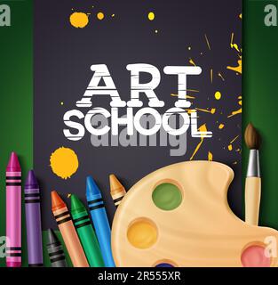 Kunstschulmaterialien Vektordesign. Schwarze Leinwand mit Kunstschultext und gelben Aquarellen und Malelementen. Vektordarstellung Stock Vektor
