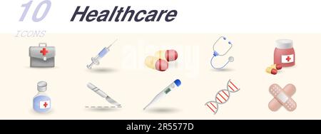 Gesundheitssystem. Kreative Symbole: Medizinische Tasche, Spritze, Pillen, Stethoskop, Pillen Flasche, Mischung, Skalpell, Thermometer, dna, Gips. Stock Vektor