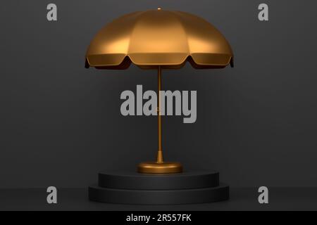 Strandschirm für Lounge-Bereich auf Zylinderpodium mit Stufen auf einfarbigem Hintergrund. 3D-Rendering von Displayprodukten wie Strandzubehör und Sumert Stockfoto