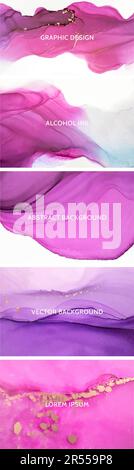 Alkoholtinte, rosa und lila, pastellfarbene Marmormalerei. Minimalistisches Lavendel- und violettes Hochzeitsset. Stock Vektor