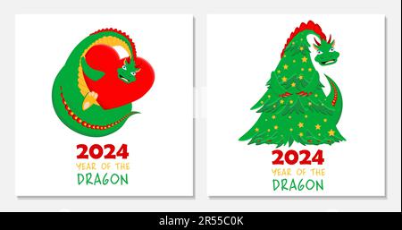 Drachensymbol auf 2024 quadratischem Poster mit Drachen und Gratulationsschrift Stock Vektor