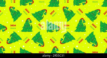 Weihnachtliches Nahtloses Muster mit Drachen auf gelbem Hintergrund. Drachensymbol aus dem Jahr 2024. Stock Vektor