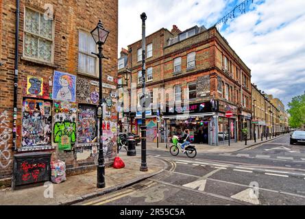 London Brick Lane Tower Hamlets Geschäfte Cafés Restaurants Princelet Street und Brick Lane Stockfoto