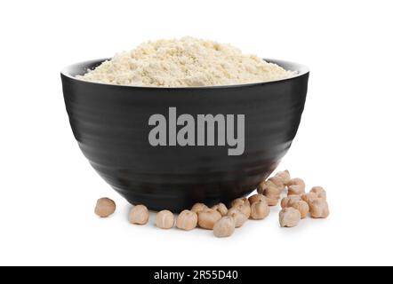 Kichererbsenmehl in Schüssel und auf weißem Boden isolierte Samen Stockfoto