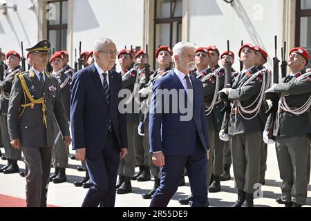 Wien, Österreich. 01. Juni 2023. Der österreichische Präsident Alexander Van der Bellen, 2. von links, trifft am 1. Juni 2023 in Wien mit seinem tschechischen Amtskollegen Petr Pavel, Right, zusammen. Österreich. Kredit: VIT Simanek/CTK Photo/Alamy Live News Stockfoto