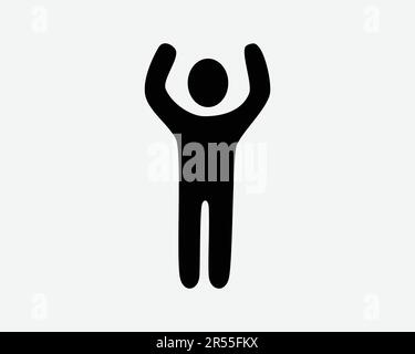 Die Stabfigur Hebt Das Symbol Hand An. Stickman-Person, die Freude erhebt, verehrt die Freude, das Zeichen „Freude“, schwarzes Kunstwerk, Grafik, Clipart-EPS-Vektor Stock Vektor