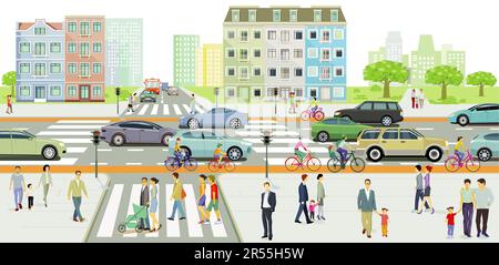 Urbane Silhouette einer Stadt mit Verkehr und Fußgängern, Illustration Stock Vektor